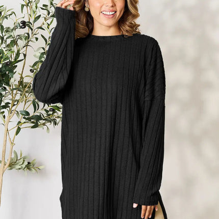 Basic Bae Full Size Ribbed Round Neck Long Sleeve Slit Top - MimiStylez