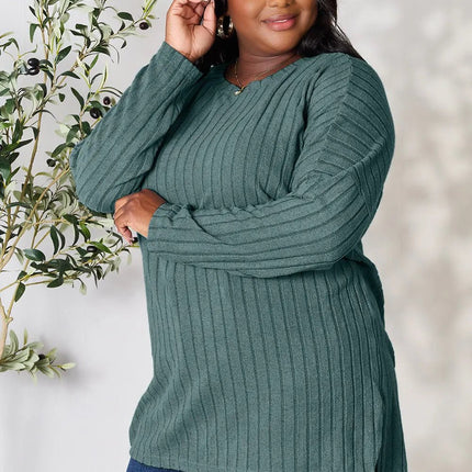 Basic Bae Full Size Ribbed Round Neck Long Sleeve Slit Top - MimiStylez