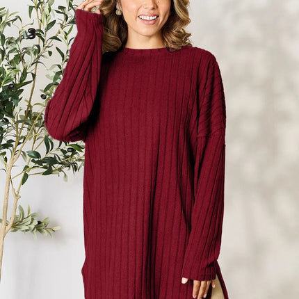 Basic Bae Full Size Ribbed Round Neck Long Sleeve Slit Top - MimiStylez