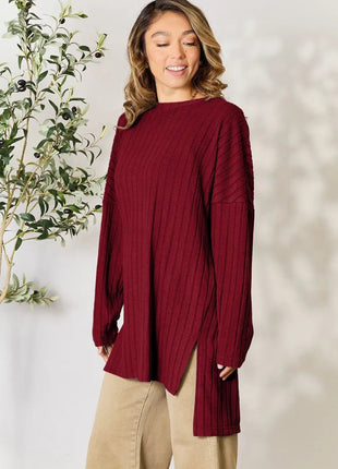 Basic Bae Full Size Ribbed Round Neck Long Sleeve Slit Top - MimiStylez