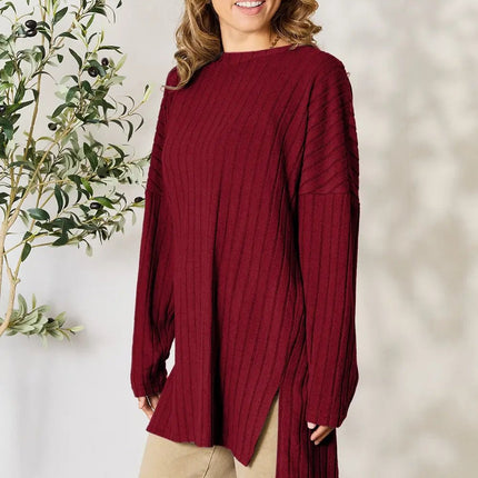 Basic Bae Full Size Ribbed Round Neck Long Sleeve Slit Top - MimiStylez
