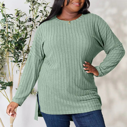 Basic Bae Full Size Ribbed Round Neck Long Sleeve Slit Top - MimiStylez