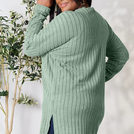 Basic Bae Full Size Ribbed Round Neck Long Sleeve Slit Top - MimiStylez