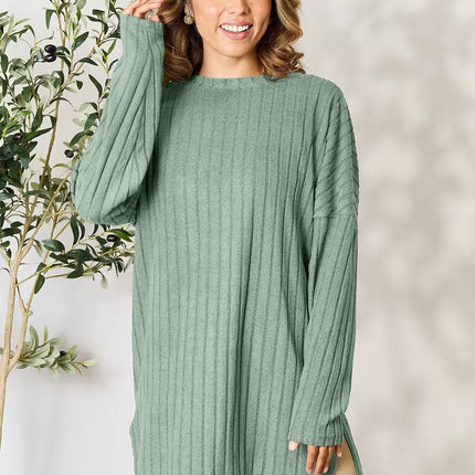 Basic Bae Full Size Ribbed Round Neck Long Sleeve Slit Top - MimiStylez