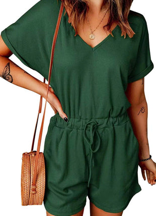 Full Size Drawstring V-Neck Short Sleeve Romper - MimiStylez
