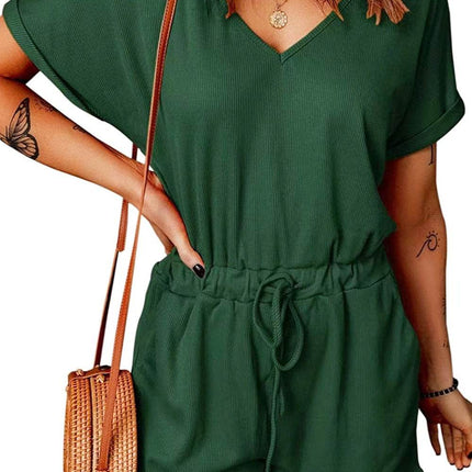Full Size Drawstring V-Neck Short Sleeve Romper - MimiStylez