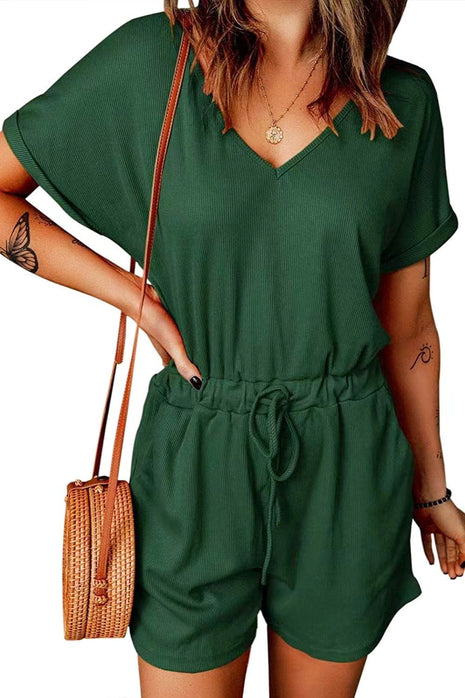 Full Size Drawstring V-Neck Short Sleeve Romper - MimiStylez