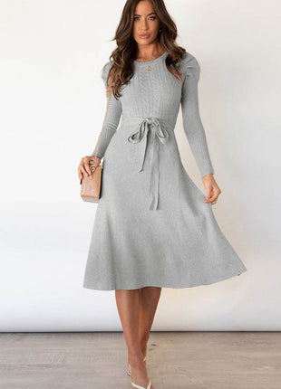 Round Neck Long Sleeve Tie Waist Sweater Dress - MimiStylez
