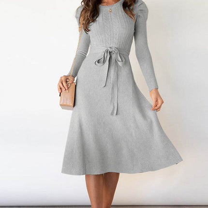 Round Neck Long Sleeve Tie Waist Sweater Dress - MimiStylez