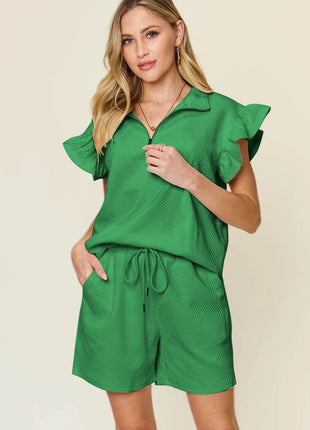 Double Take Full Size Texture Flounce Sleeve Top and Drawstring Shorts Set - MimiStylez