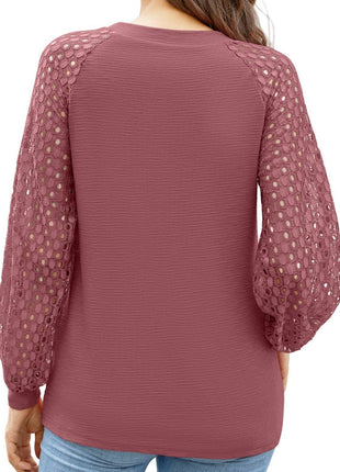 Full Size Eyelet Round Neck Long Sleeve T-Shirt - MimiStylez