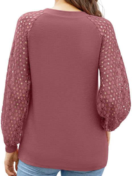 Full Size Eyelet Round Neck Long Sleeve T-Shirt - MimiStylez