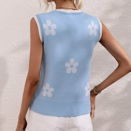Floral Contrast Ribbed Trim Sweater Vest - MimiStylez