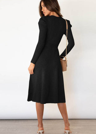 Round Neck Long Sleeve Tie Waist Sweater Dress - MimiStylez