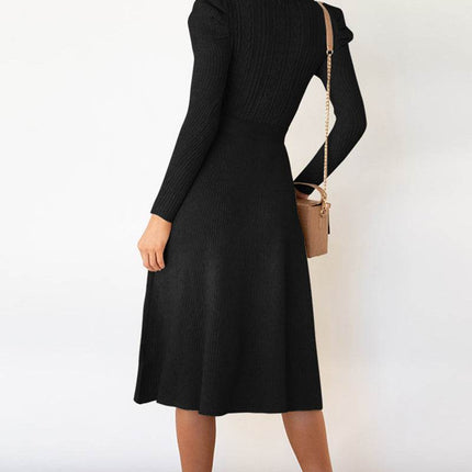 Round Neck Long Sleeve Tie Waist Sweater Dress - MimiStylez
