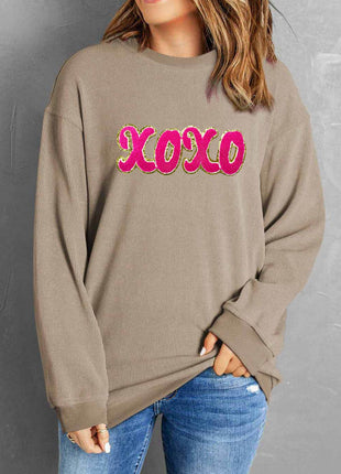 XOXO Sequin Round Neck Dropped Shoulder Sweatshirt - MimiStylez