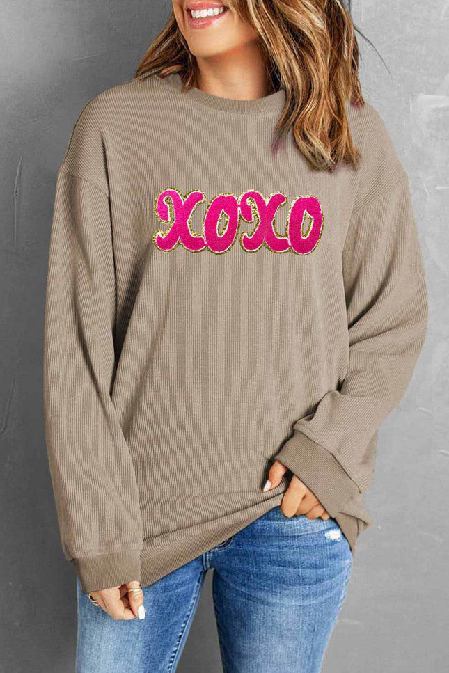 XOXO Sequin Round Neck Dropped Shoulder Sweatshirt - MimiStylez