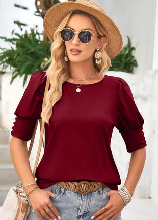 Round Neck Lantern Sleeve Blouse - MimiStylez