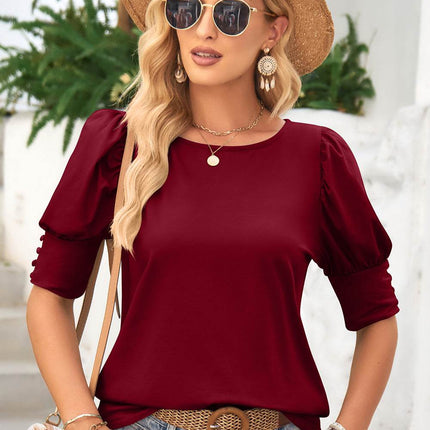 Round Neck Lantern Sleeve Blouse - MimiStylez