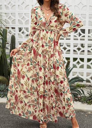 Floral Frill Trim Flounce Sleeve Plunge Maxi Dress - MimiStylez