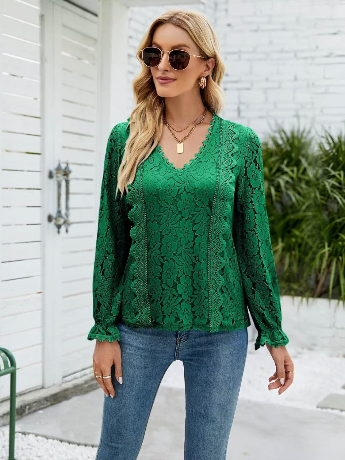 Lace V-Neck Flounce Sleeve Blouse