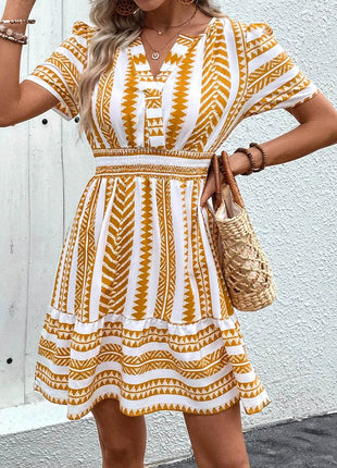 Perfee Geometric Notched Short Sleeve Mini Dress - MimiStylez