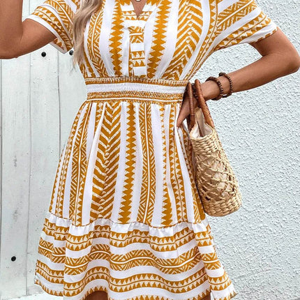 Perfee Geometric Notched Short Sleeve Mini Dress - MimiStylez