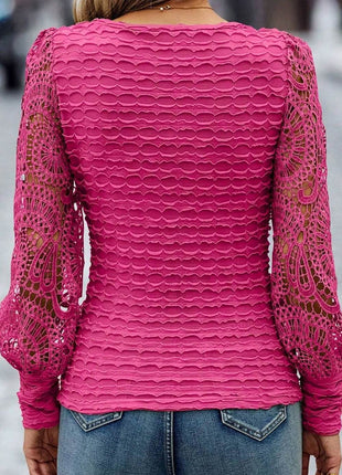 Openwork Scoop Neck Long Sleeve Blouse - MimiStylez