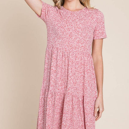BOMBOM Printed Short Sleeve Mini Dress - MimiStylez