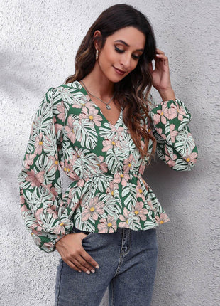 Floral V-Neck Balloon Sleeve Peplum Blouse - MimiStylez