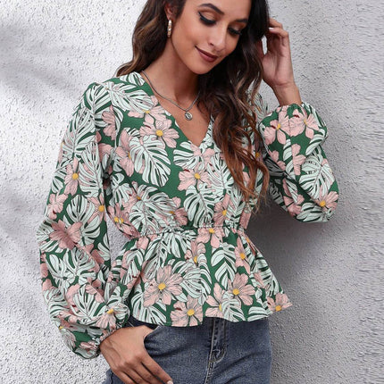 Floral V-Neck Balloon Sleeve Peplum Blouse - MimiStylez