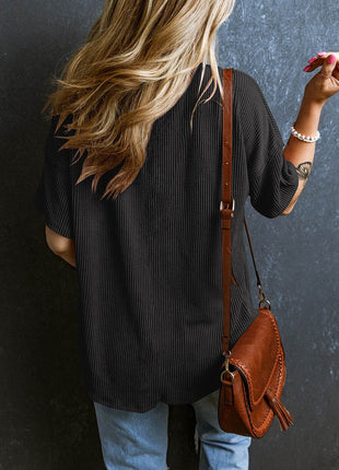 Textured V-Neck Dropped Shoulder T-Shirt - MimiStylez