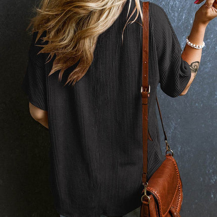 Textured V-Neck Dropped Shoulder T-Shirt - MimiStylez