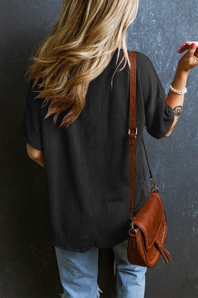 Textured V-Neck Dropped Shoulder T-Shirt - MimiStylez