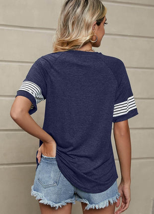 Striped Round Neck Short Sleeve T-Shirt - MimiStylez