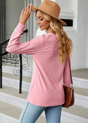 Notched Neck Long Sleeve Buttoned Blouse - MimiStylez