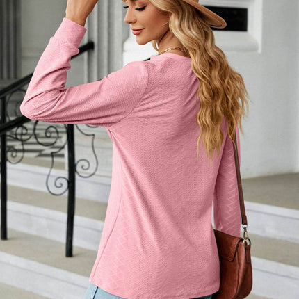 Notched Neck Long Sleeve Buttoned Blouse - MimiStylez
