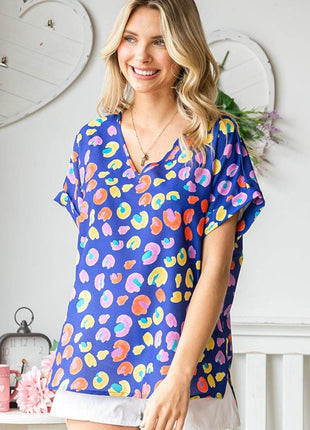 First Love Printed V-Neck Short Sleeve Blouse - MimiStylez