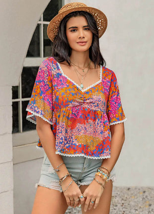 Ruched Printed Half Sleeve Blouse - MimiStylez