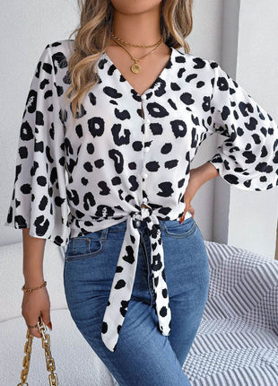 Tied Button Up Leopard V-Neck Blouse - MimiStylez