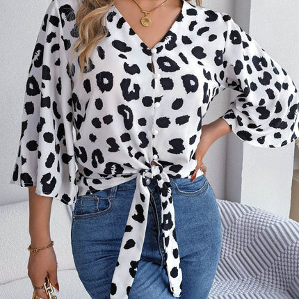 Tied Button Up Leopard V-Neck Blouse - MimiStylez