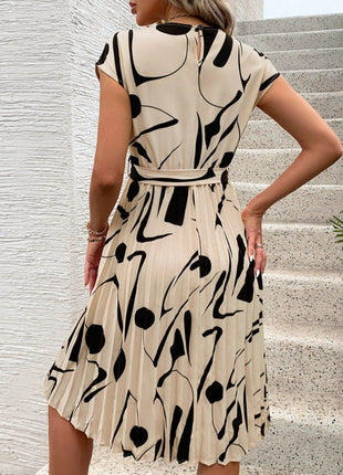 Tied Pleated Printed Cap Sleeve Dress - MimiStylez