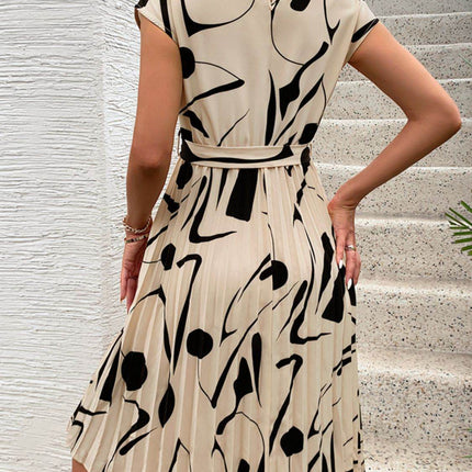 Tied Pleated Printed Cap Sleeve Dress - MimiStylez