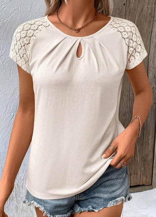 Cutout Round Neck Lace Short Sleeve T-Shirt - MimiStylez