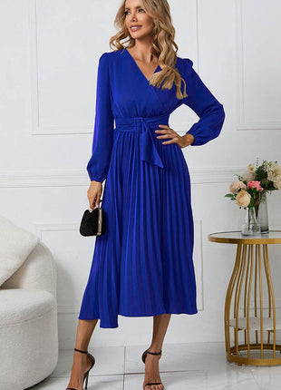 V-Neck Long Sleeve Tie Waist Midi Dress - MimiStylez