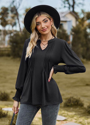 Notched Neck Flounce Sleeve Blouse - MimiStylez