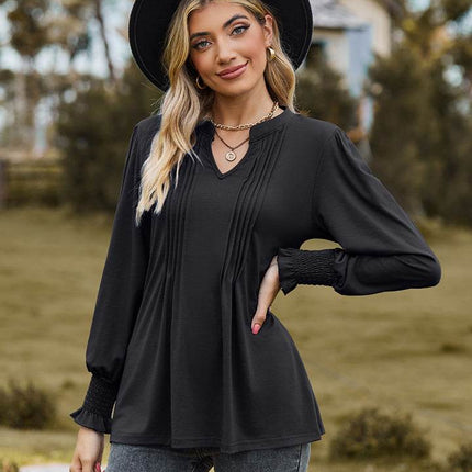 Notched Neck Flounce Sleeve Blouse - MimiStylez