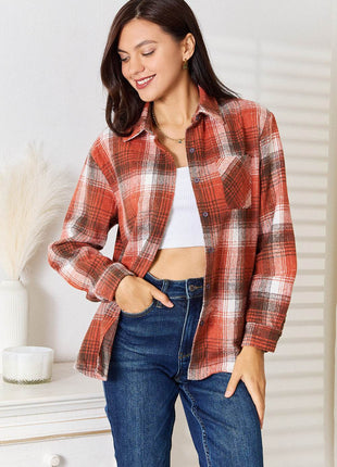 Double Take Plaid Collared Neck Long Sleeve Shirt - MimiStylez
