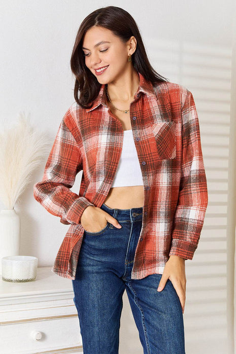Double Take Plaid Collared Neck Long Sleeve Shirt - MimiStylez