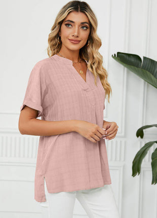 Side Slit Notched Neck Cuffed Short Sleeve Blouse - MimiStylez